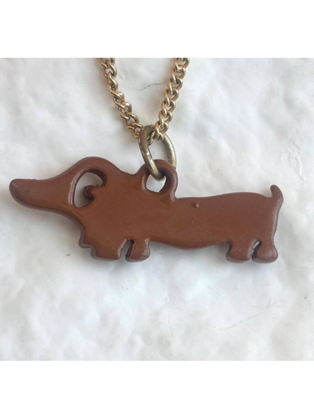 Dachshund Figural Painted Brown Dog Gold Toned Vintage Pendant Necklace